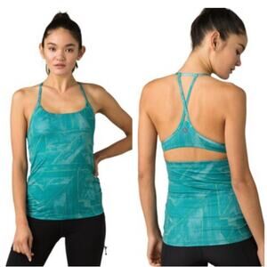 Prana XS‎ Wander Often Yoga Top Retro Teal Glow Tank Top Open Back Green Blue